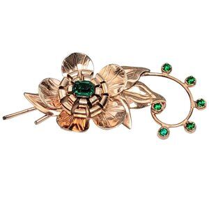 Sterling Silver Gold Vermeil Green Rhinestone Flower Brooch